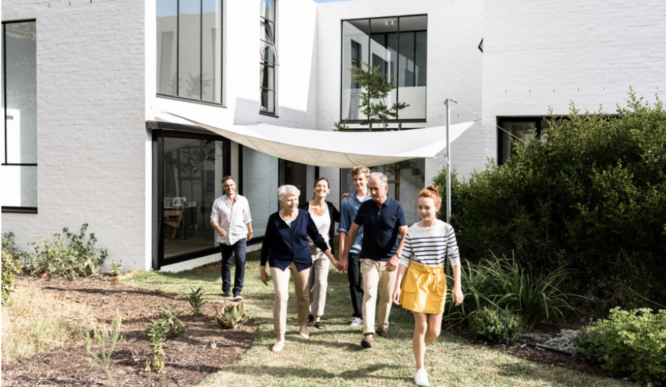 Three generations in front yard